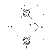 角接觸球軸承 7200-B-TVP, 根據 DIN 628-1 標準的主要尺寸，接觸角 α = 40°