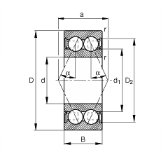 角接觸球軸承 3802-B-2RSR-TVH, 雙列，雙側唇密封，接觸角 α = 25°